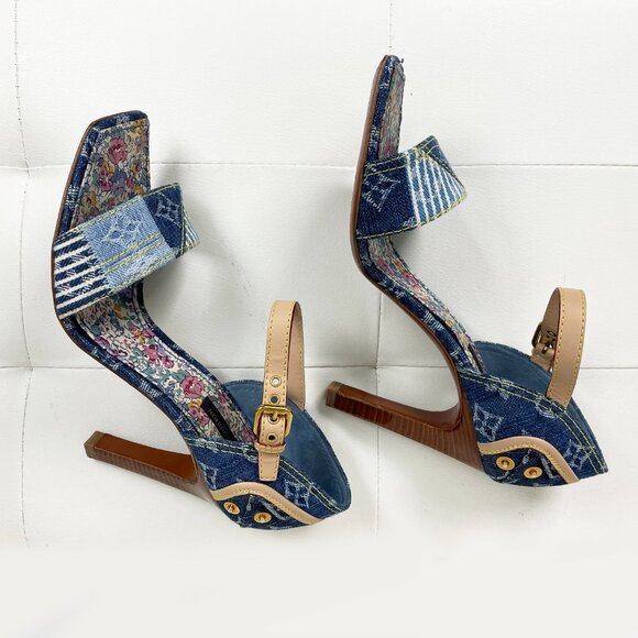 Vintage Louis Vuitton Blue Denim Monogram Heels | Unique Patchwork | S 38.5 EUC - Picture 11 of 14